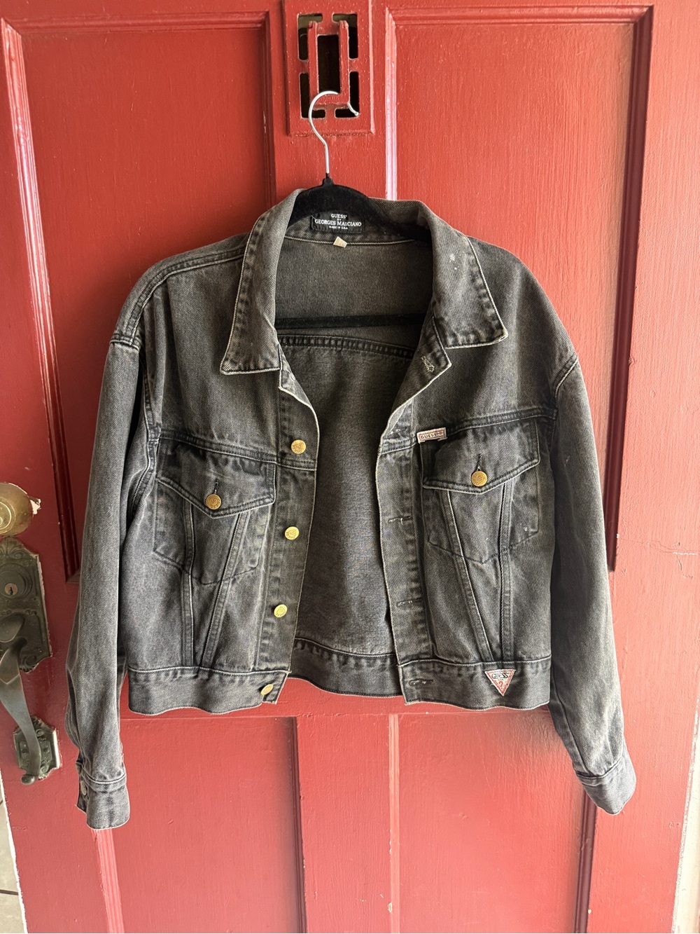 Guess Black Washed Denim Jacket with Brass Buttons